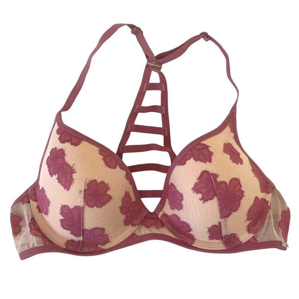 PINK Victoria’s Secret Bra 34B Floral Pink Lace Cream Back Elastic Design Padded
